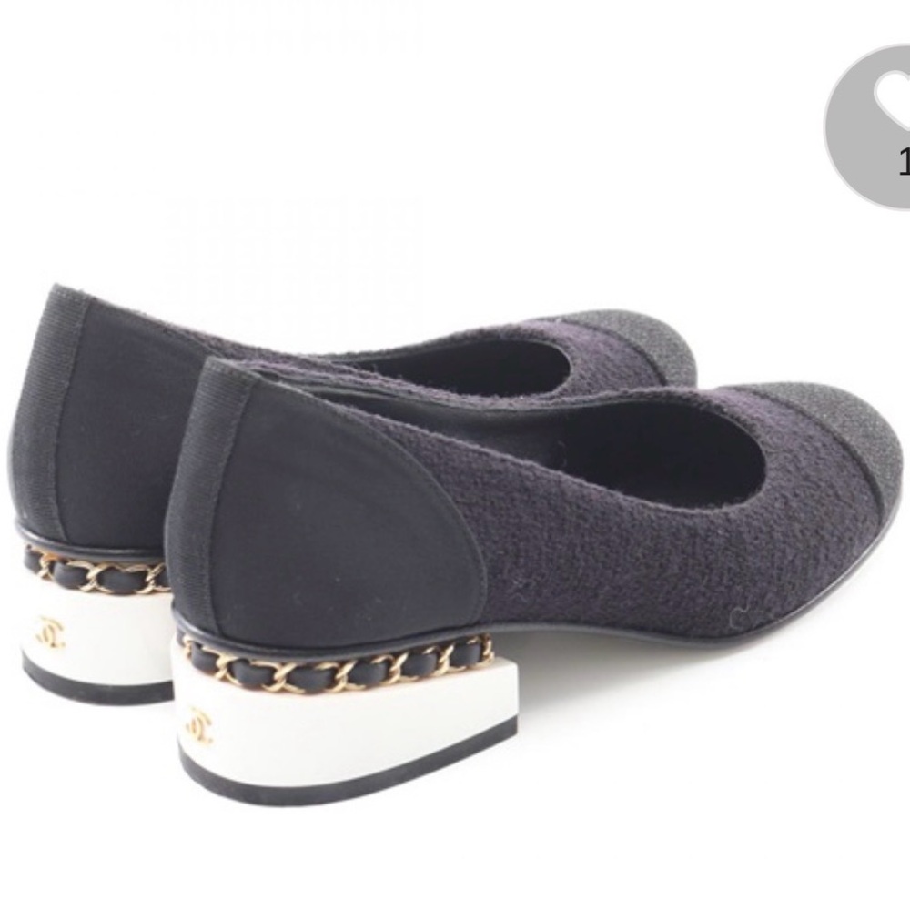 CHANEL Black Tweed Cap-Toe Ballet Pumps with White Chain-Trim Heel